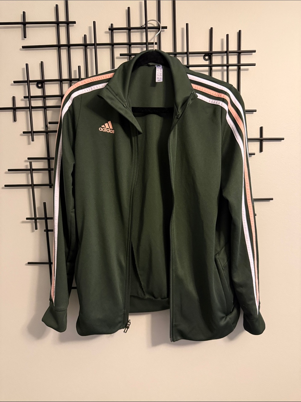 adidas women’s Olive Green Track Jacket with Pink & White Stripes
